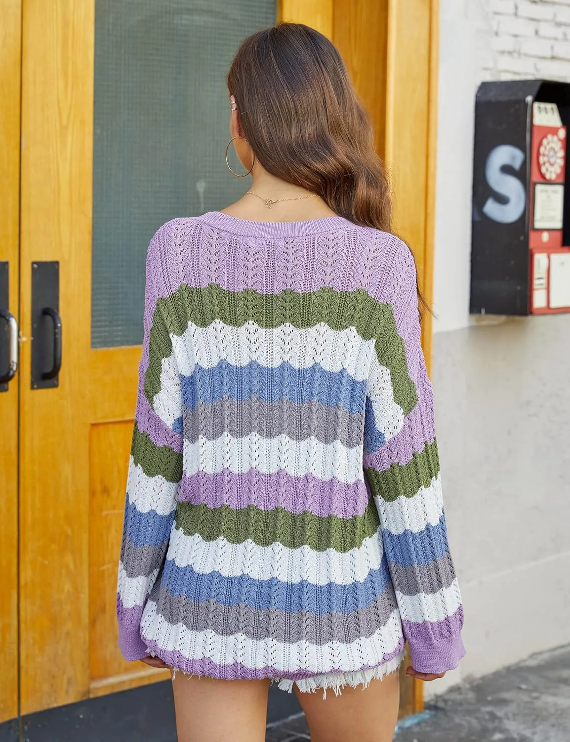 MISSKY Womens Off Shoulder Long Sleeve Sweater Color Block Wave Striped Sweaters for Women Knit Jumper Tops