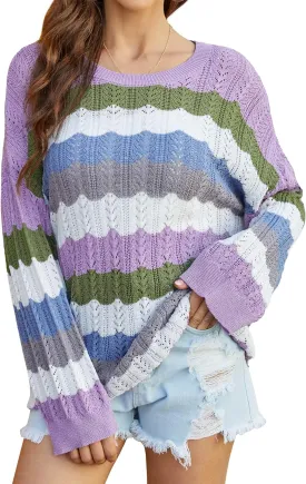MISSKY Womens Off Shoulder Long Sleeve Sweater Color Block Wave Striped Sweaters for Women Knit Jumper Tops