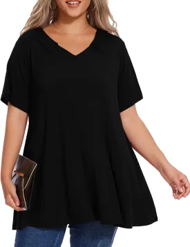 OVERWORETY Women's Plus Size T-Shirt Short Sleeve Lapel V Neck Loose Fitted Polo Tunic Tops