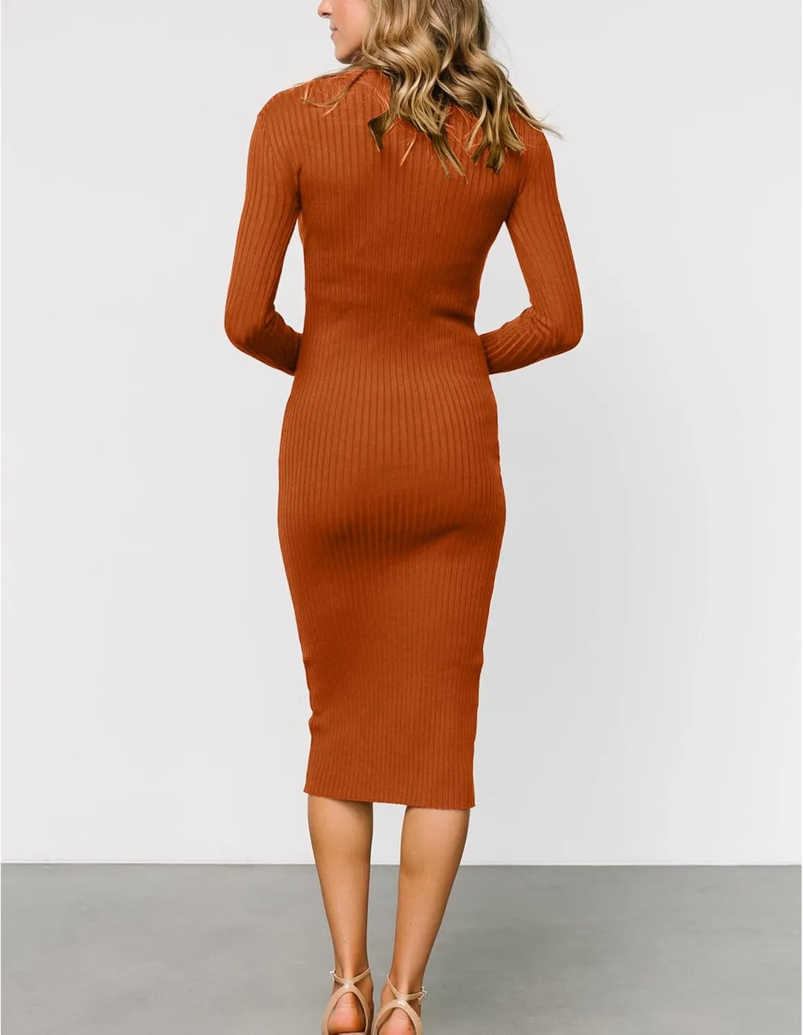OWIN Women's 2024 Fall Ribbed Long Sleeve Sweater Dress Turtleneck Bodycon Knitted Midi Dress