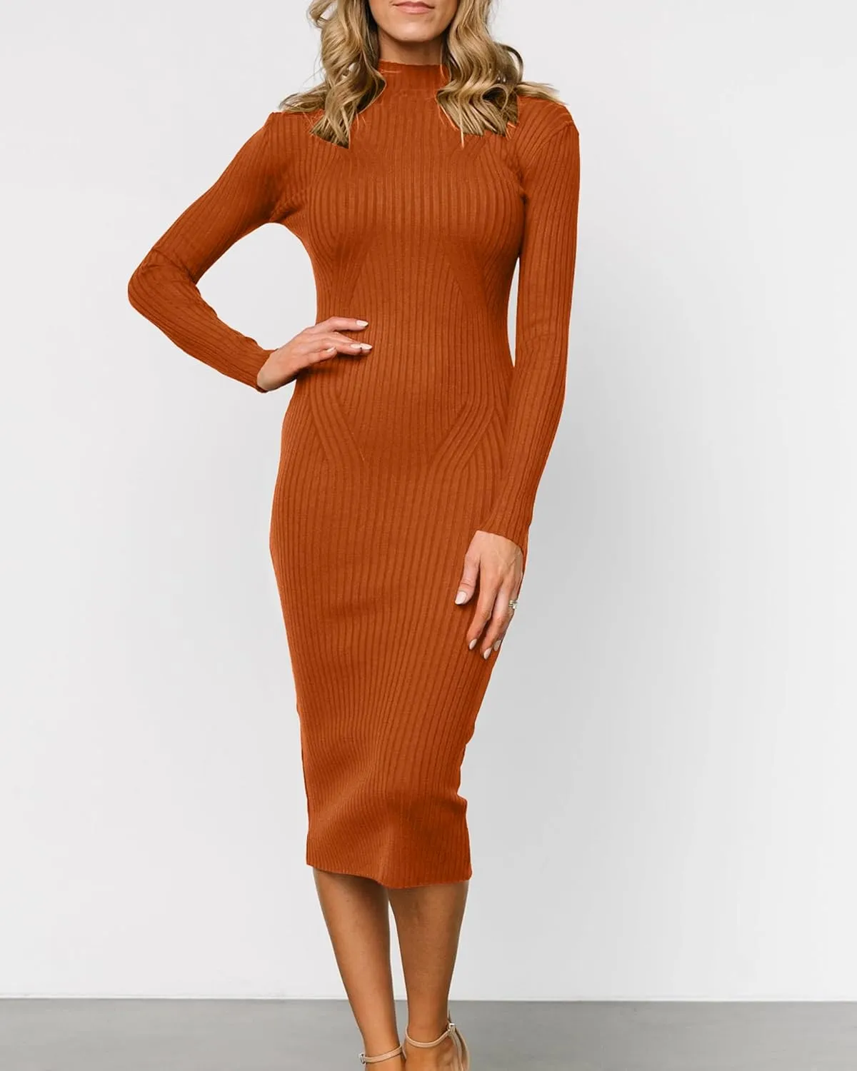 OWIN Women's 2024 Fall Ribbed Long Sleeve Sweater Dress Turtleneck Bodycon Knitted Midi Dress