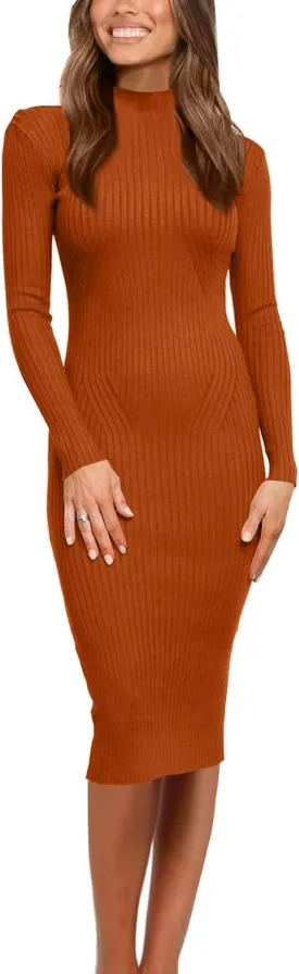OWIN Women's 2024 Fall Ribbed Long Sleeve Sweater Dress Turtleneck Bodycon Knitted Midi Dress