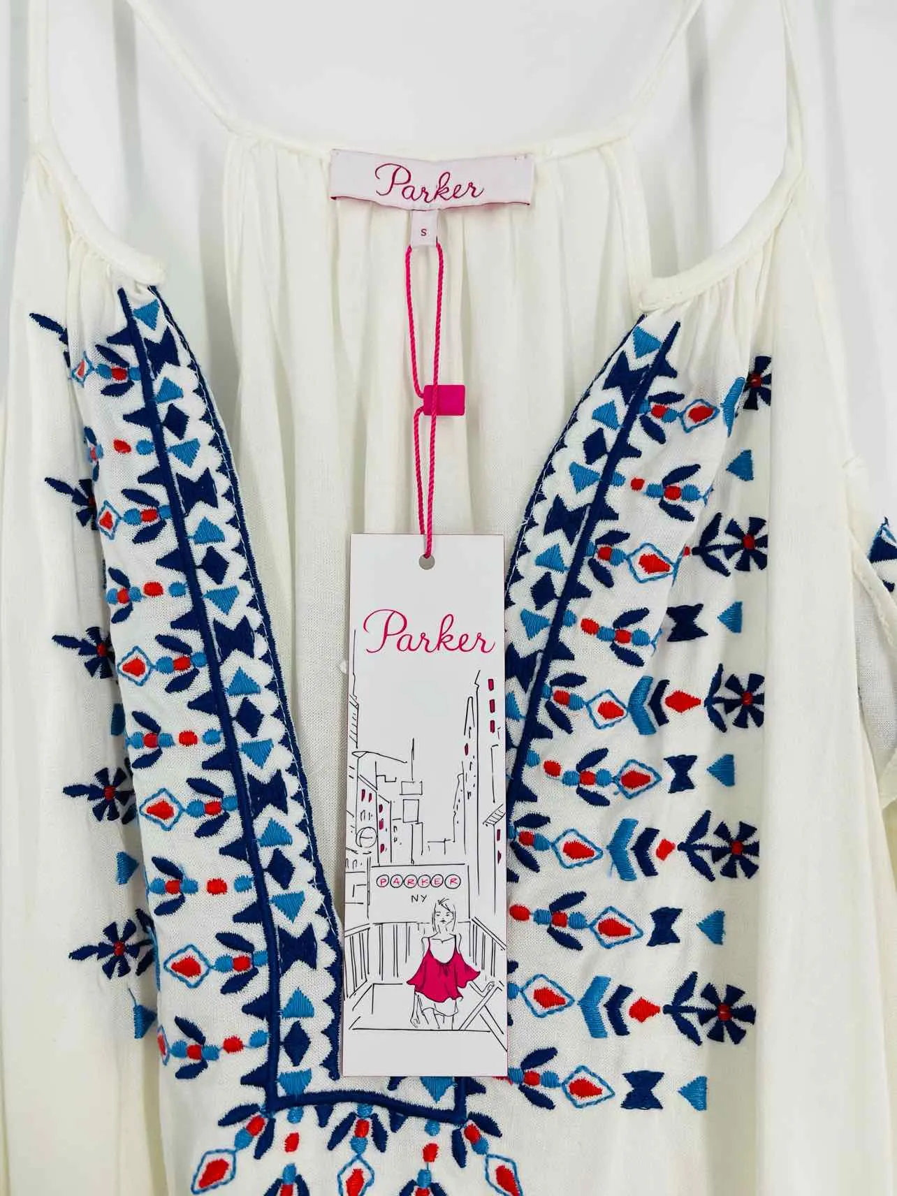 Parker Size S Wh/Bl/Rd Embroidered Cold Shoulder NEW Designer Top-3/4 Sleeve