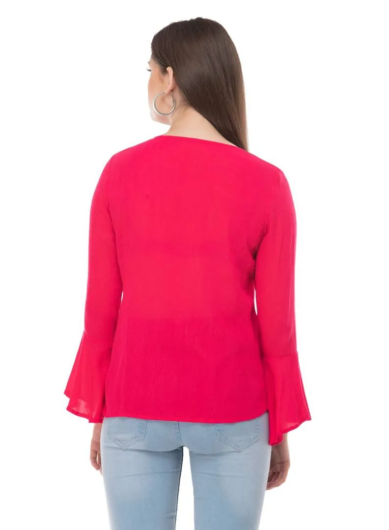 Pink Cotton Embroidered Bell Sleeve Top