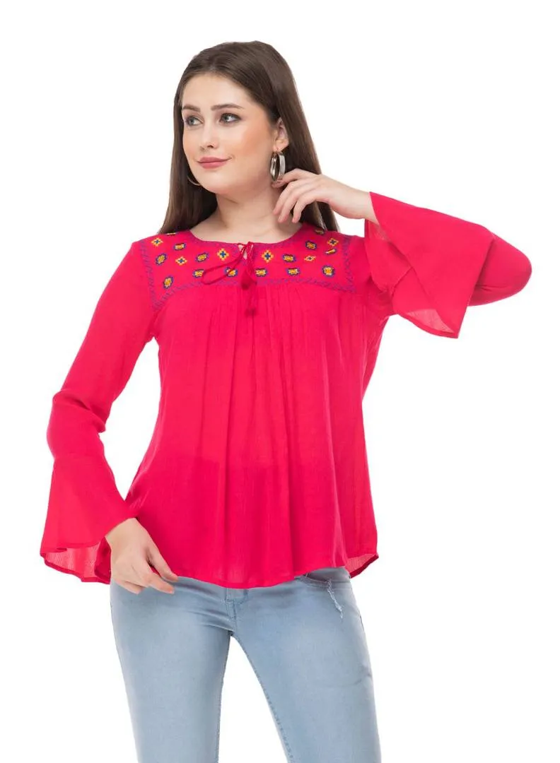 Pink Cotton Embroidered Bell Sleeve Top