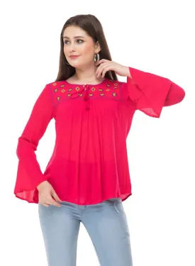 Pink Cotton Embroidered Bell Sleeve Top