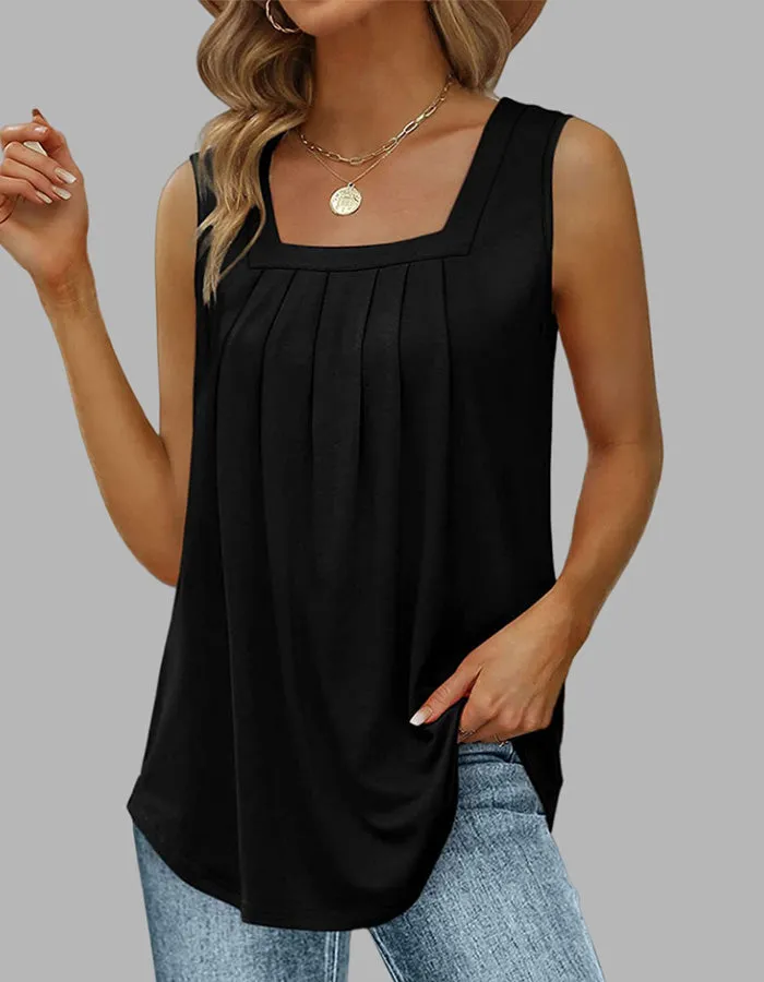 Plain Pleated Square Neck Sleeveless Swallowtail Vest