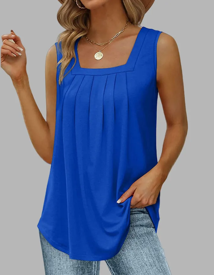 Plain Pleated Square Neck Sleeveless Swallowtail Vest