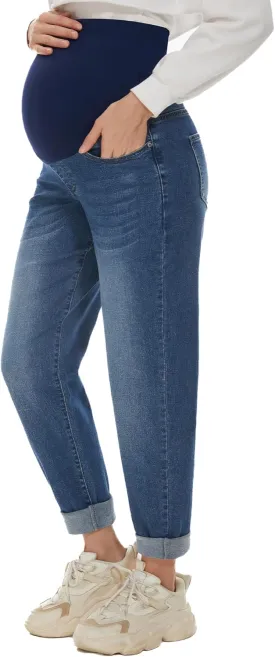 POSHGLAM Women's Maternity Jeans Over Belly Comfy Stretch Boyfriend Jeans Loose Pregnancy Pants, S-XXL