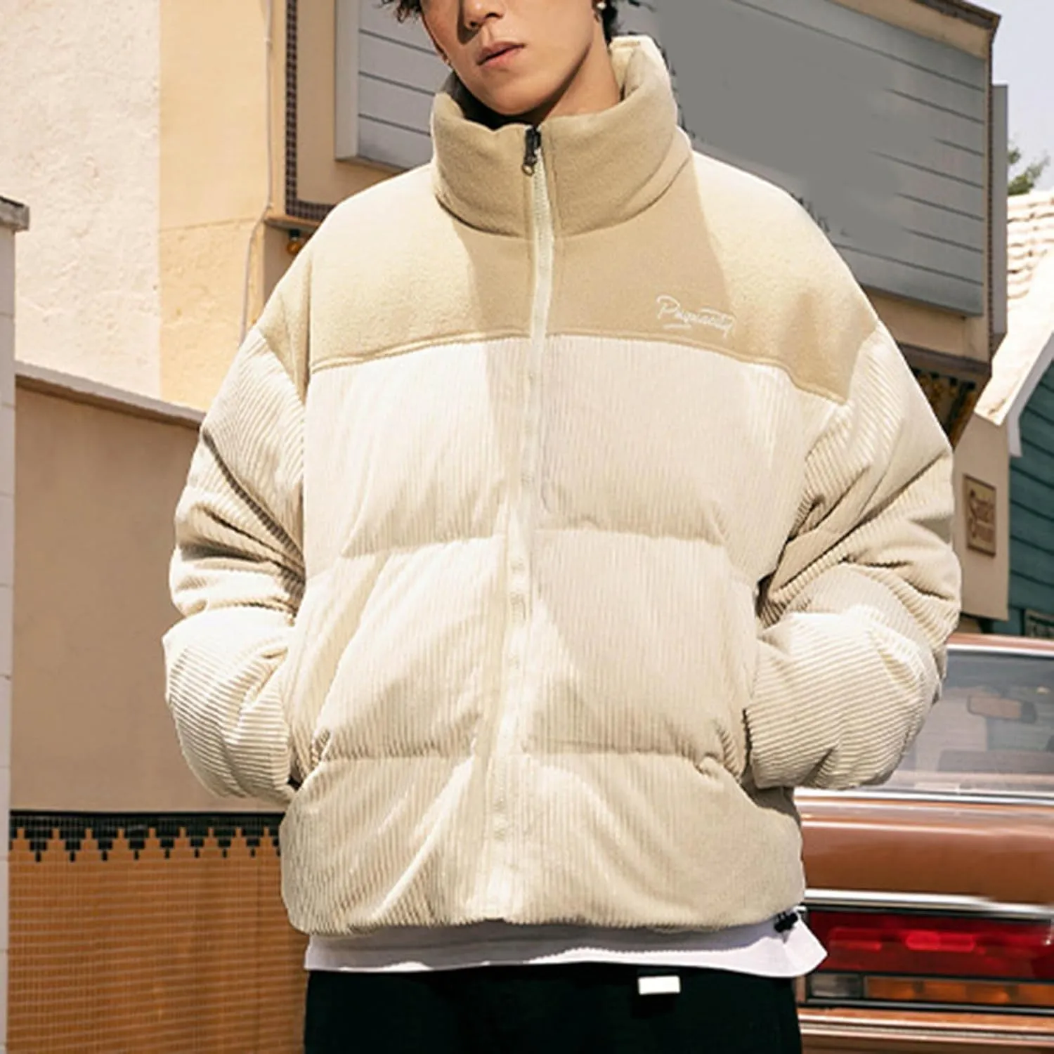 Puffer Coat for Men 2024 Winter Fashion Thick Warm Zipper Outdoor Color Block Jacket Loose Fit Comfort Down Coats