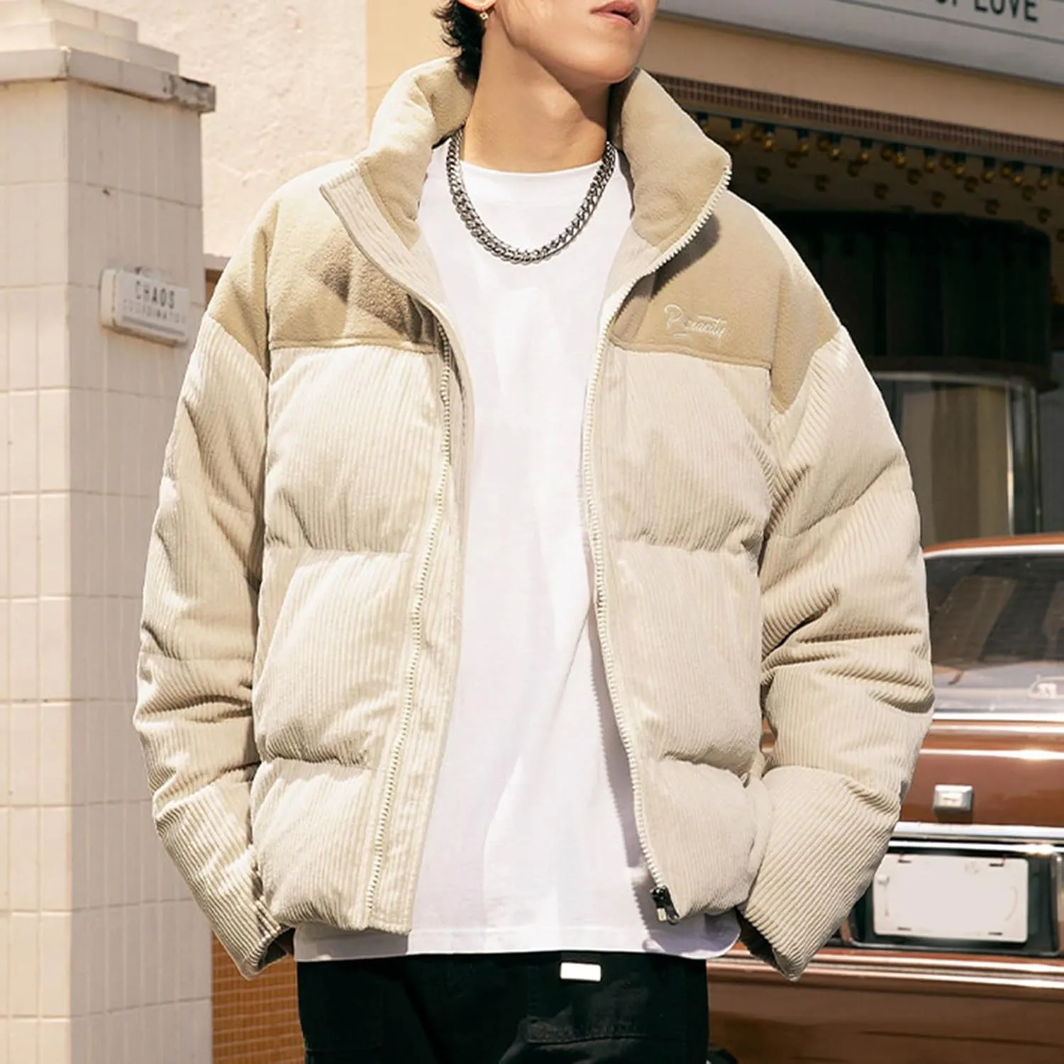 Puffer Coat for Men 2024 Winter Fashion Thick Warm Zipper Outdoor Color Block Jacket Loose Fit Comfort Down Coats