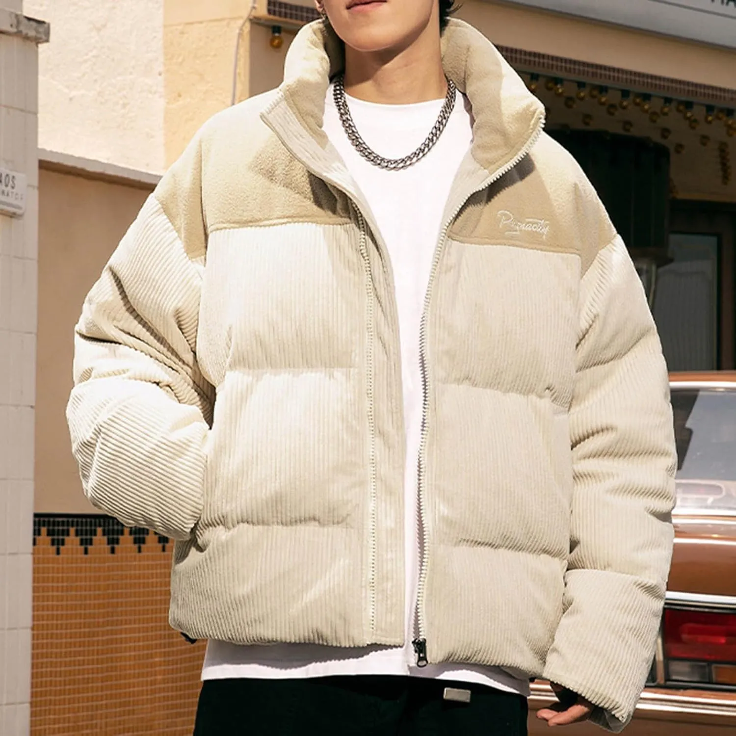 Puffer Coat for Men 2024 Winter Fashion Thick Warm Zipper Outdoor Color Block Jacket Loose Fit Comfort Down Coats