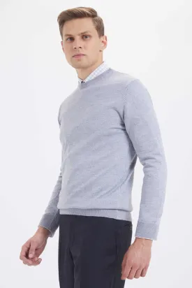 Regular Fit Basic Plain Wool Blend Black Crewneck Sweater, Light Gray