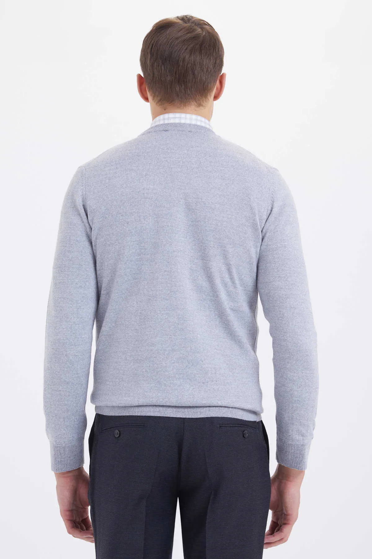 Regular Fit Basic Plain Wool Blend Black Crewneck Sweater, Light Gray
