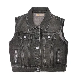 Rhinestone Stripe Denim Vest - Black