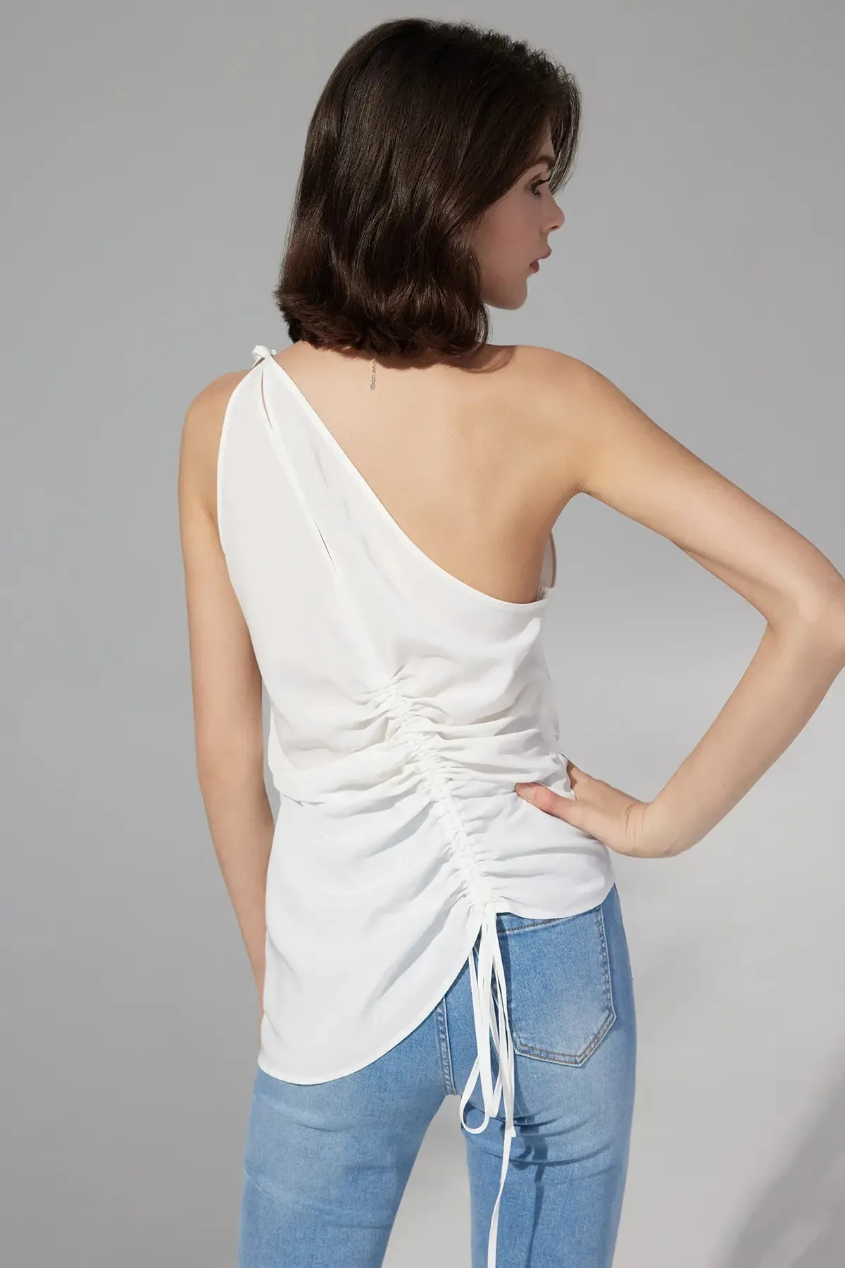 Ruched Drawstring One Shoulder Top