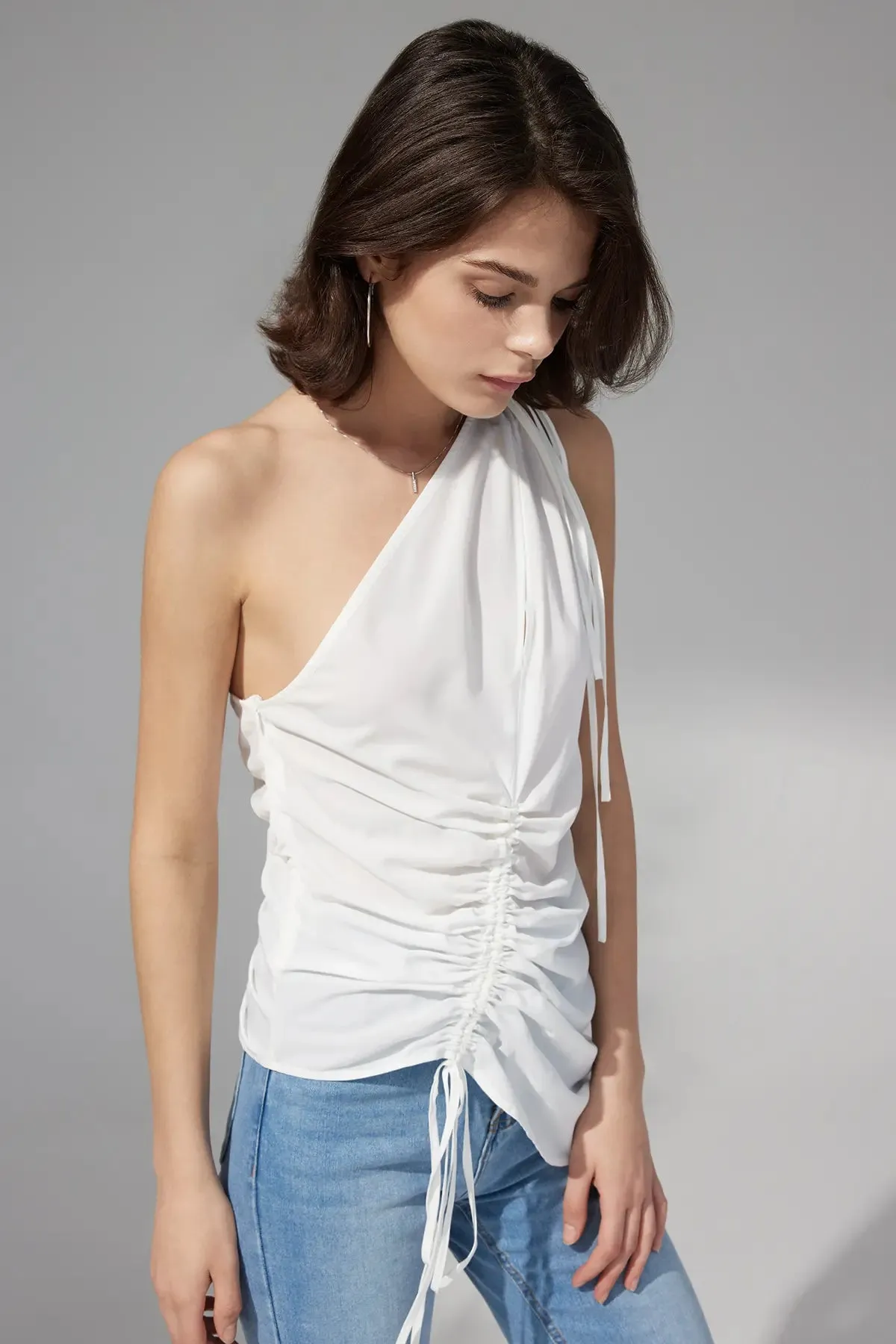 Ruched Drawstring One Shoulder Top