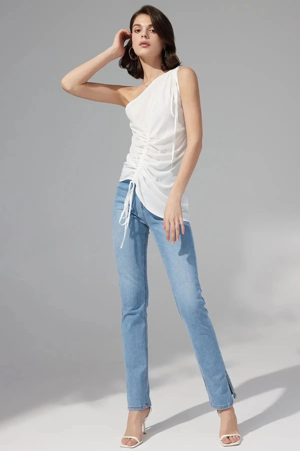 Ruched Drawstring One Shoulder Top