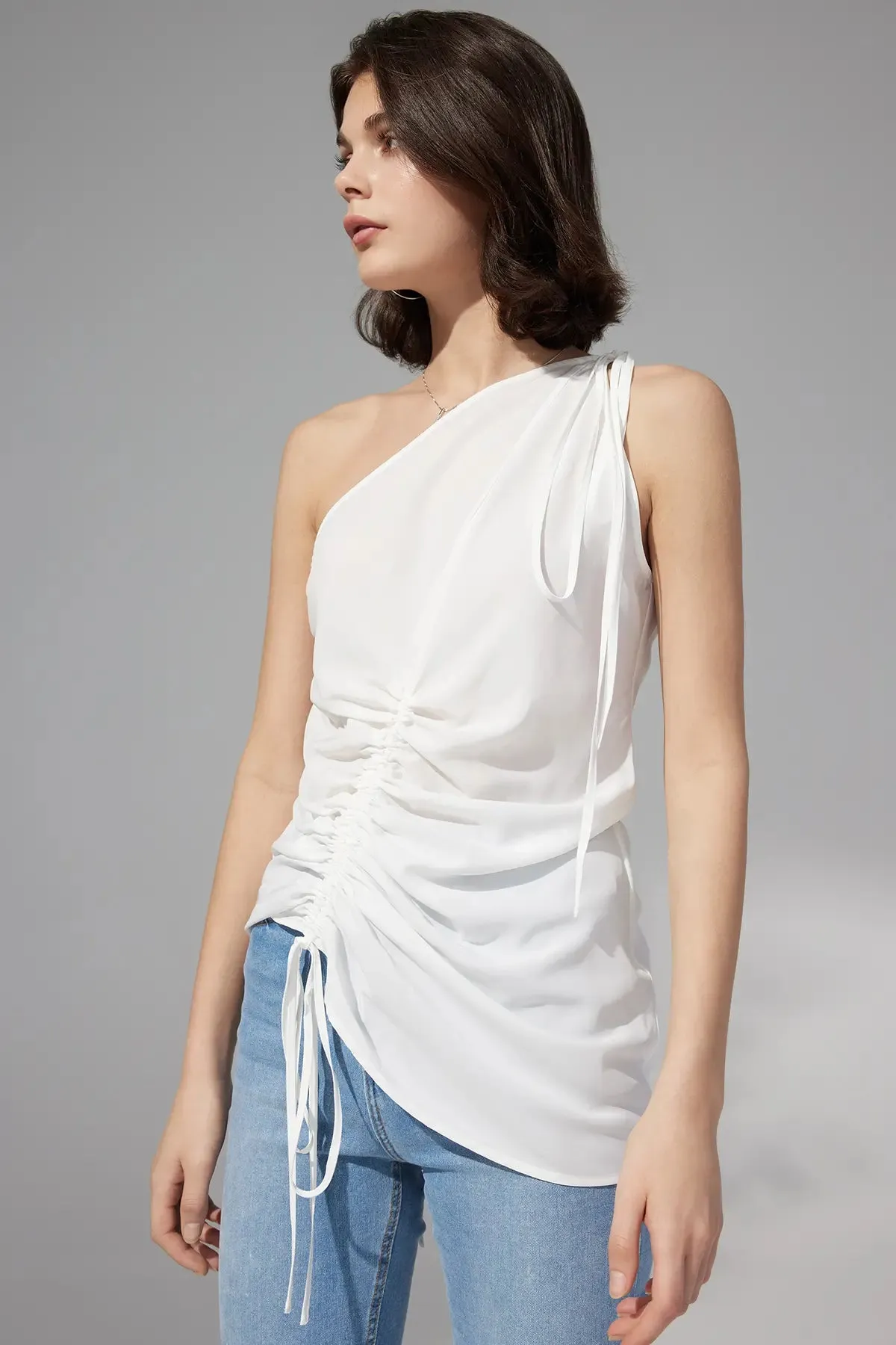 Ruched Drawstring One Shoulder Top