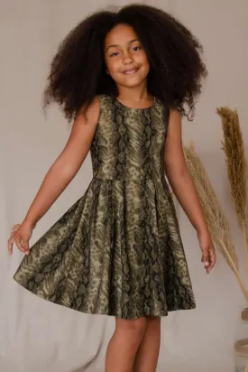 Sage Green Animal Print Fit & Flare Skater Party Dress - Girls