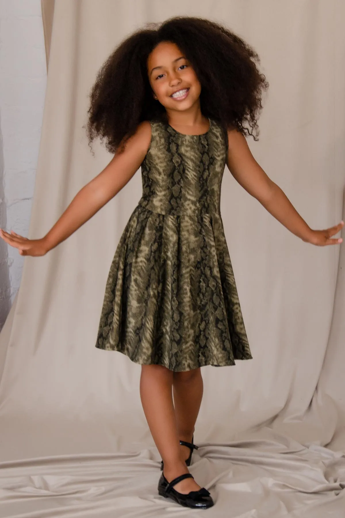 Sage Green Animal Print Fit & Flare Skater Party Dress - Girls
