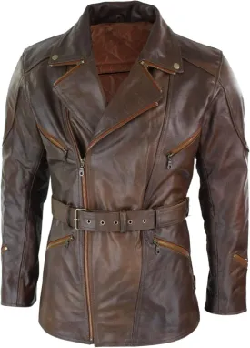 SKY-SELLER Mens 3/4 Quarter Length Motorcycle Black Biker Long Jacket - Genuine Leather Coat Winter Outerwear