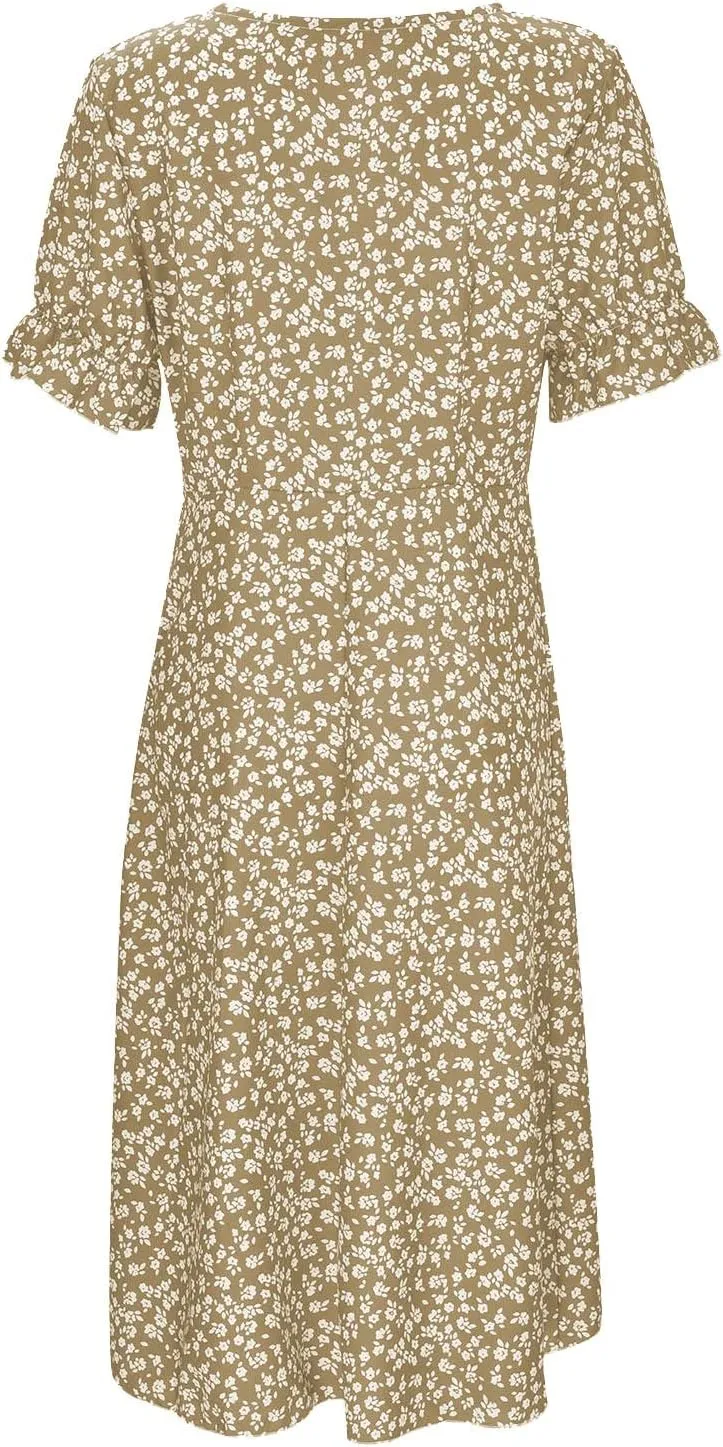 Spring Dresses For Women 2025 Bubble Sleeve Split Irregular Hem V-neck Elegant Dress Button Floral Casual Sundress