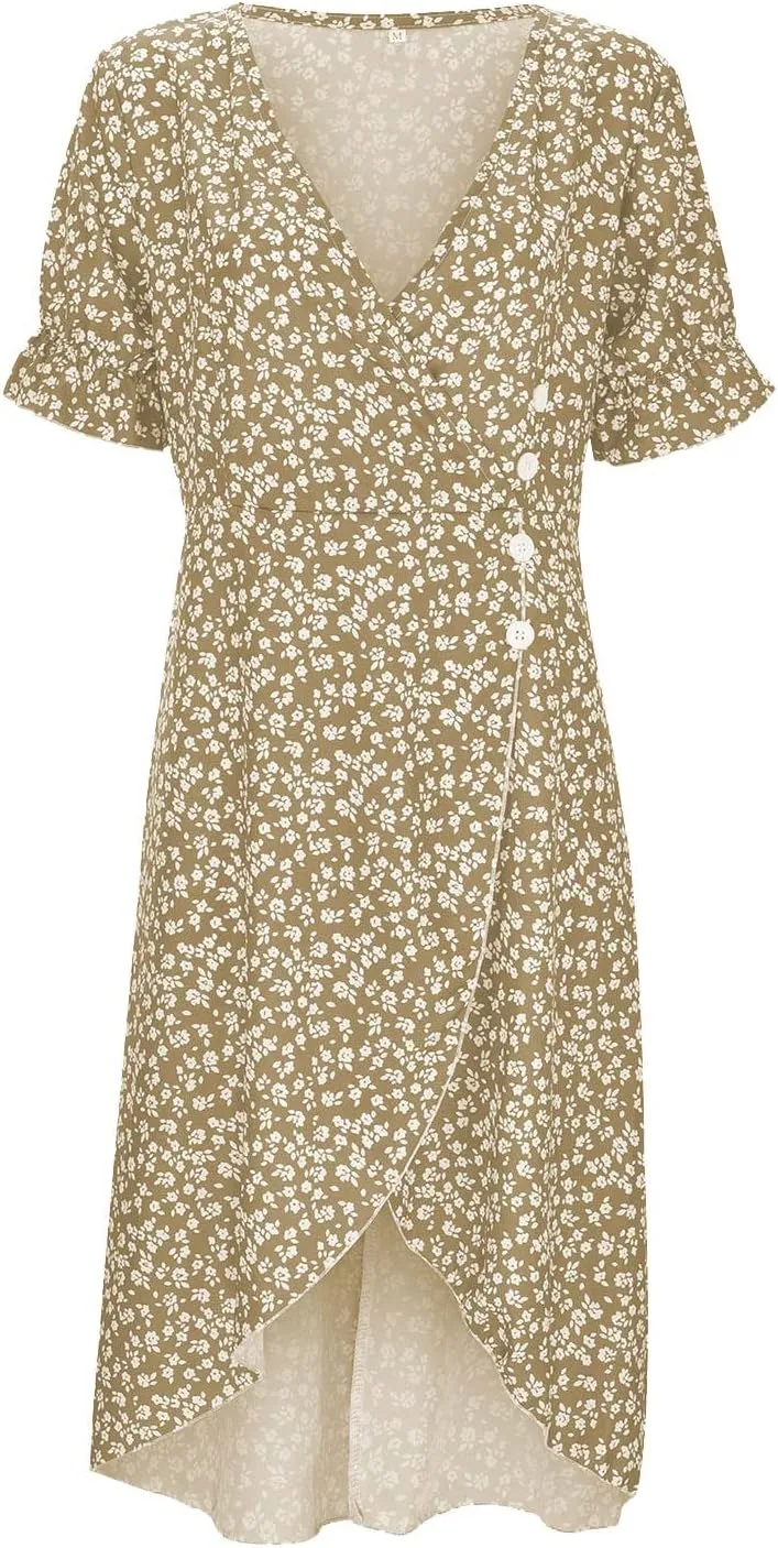 Spring Dresses For Women 2025 Bubble Sleeve Split Irregular Hem V-neck Elegant Dress Button Floral Casual Sundress