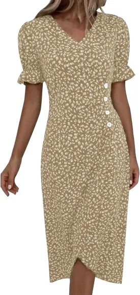 Spring Dresses For Women 2025 Bubble Sleeve Split Irregular Hem V-neck Elegant Dress Button Floral Casual Sundress