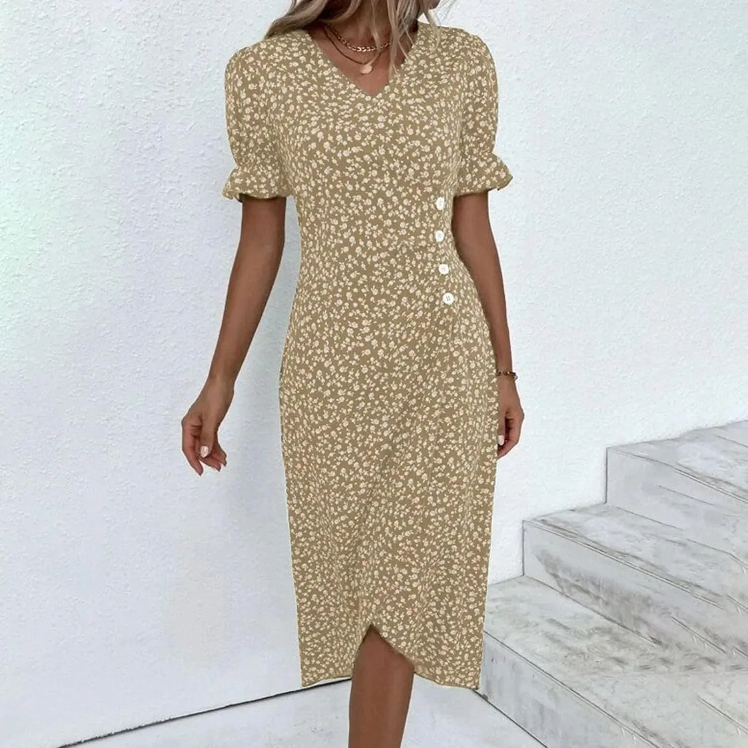 Spring Dresses For Women 2025 Bubble Sleeve Split Irregular Hem V-neck Elegant Dress Button Floral Casual Sundress
