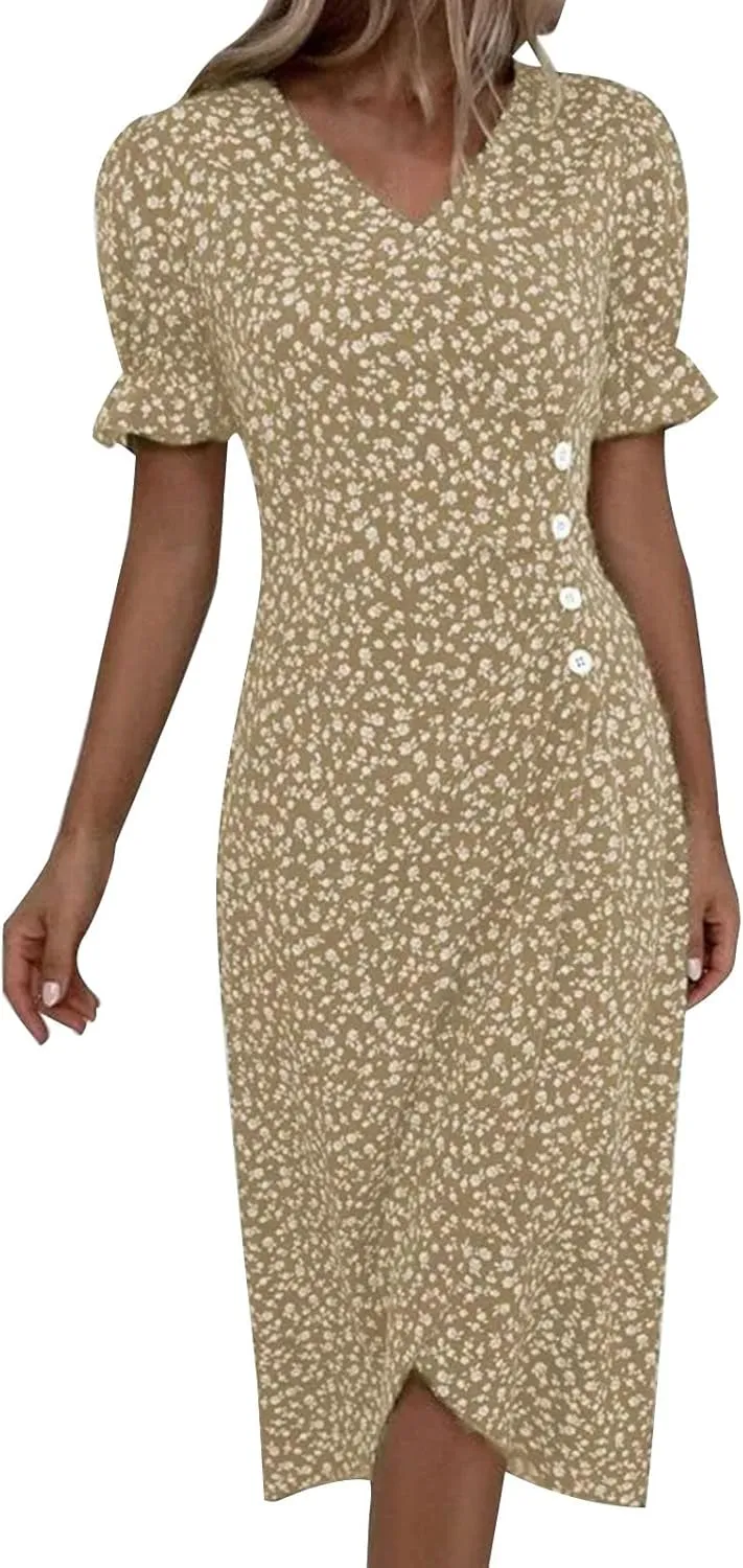 Spring Dresses For Women 2025 Bubble Sleeve Split Irregular Hem V-neck Elegant Dress Button Floral Casual Sundress