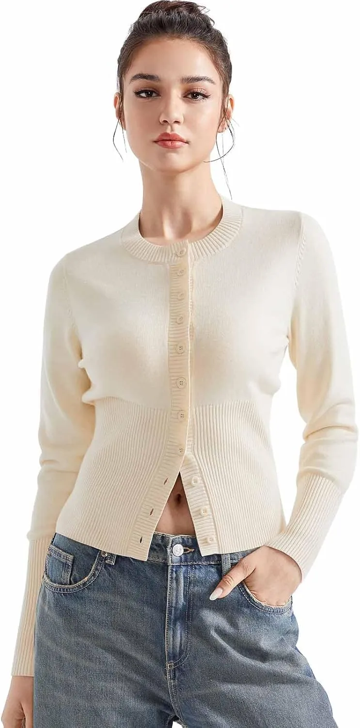 SUUKSESS Women Button Down Cardigan Crew Neck Sweaters Ribbed Knitted Slim Fit Tops