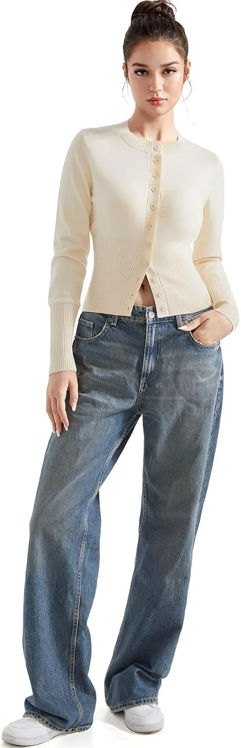 SUUKSESS Women Button Down Cardigan Crew Neck Sweaters Ribbed Knitted Slim Fit Tops