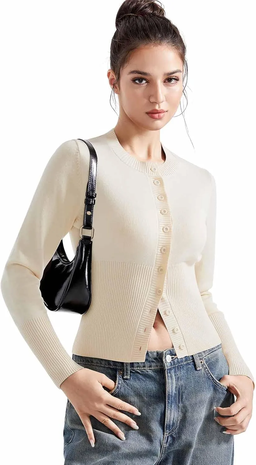 SUUKSESS Women Button Down Cardigan Crew Neck Sweaters Ribbed Knitted Slim Fit Tops