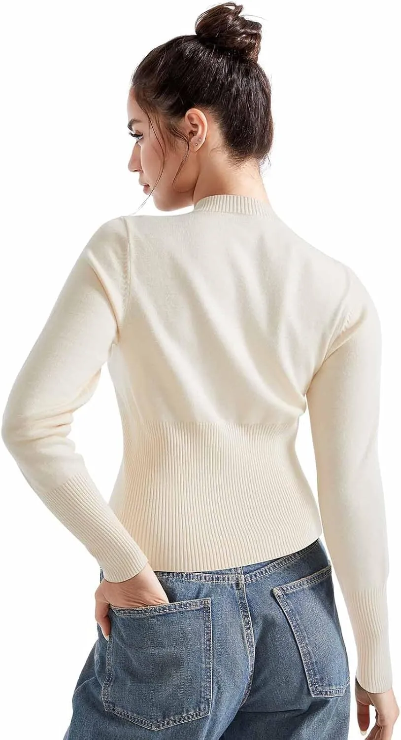 SUUKSESS Women Button Down Cardigan Crew Neck Sweaters Ribbed Knitted Slim Fit Tops
