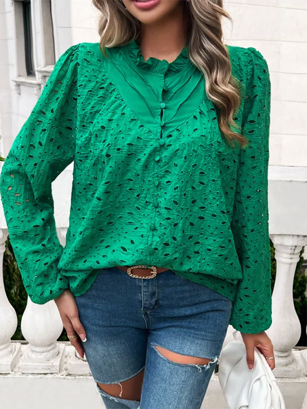TEEK - Puff Sleeve Embroidered Button Top