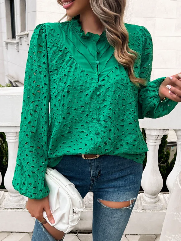 TEEK - Puff Sleeve Embroidered Button Top