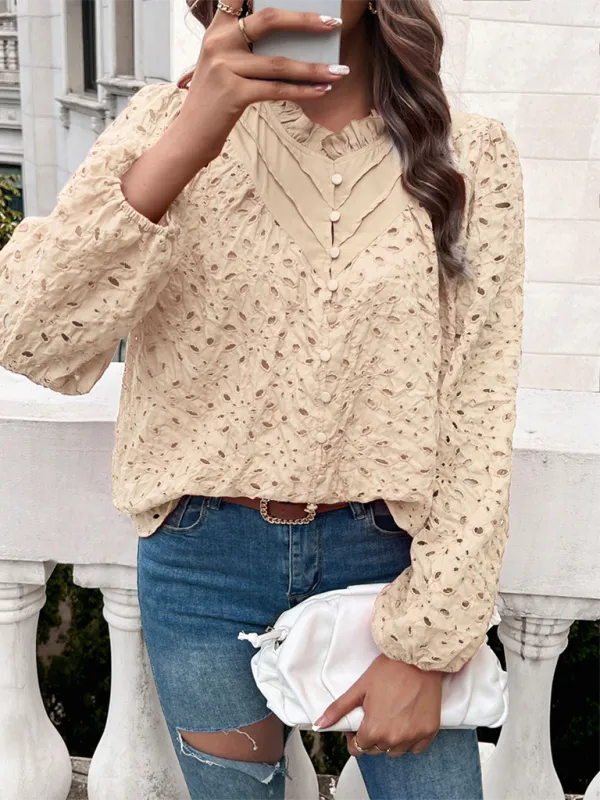 TEEK - Puff Sleeve Embroidered Button Top
