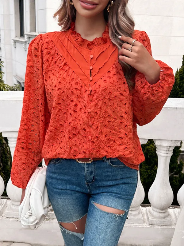 TEEK - Puff Sleeve Embroidered Button Top