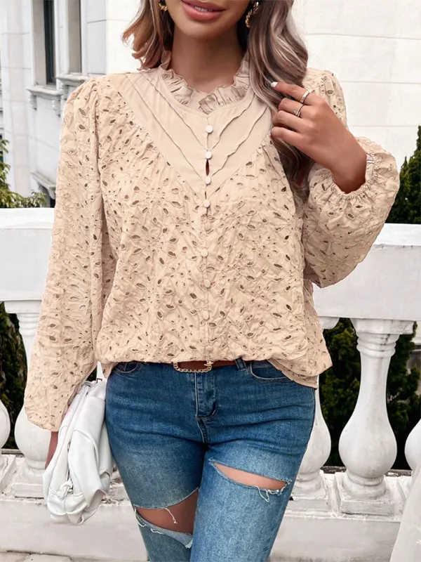 TEEK - Puff Sleeve Embroidered Button Top