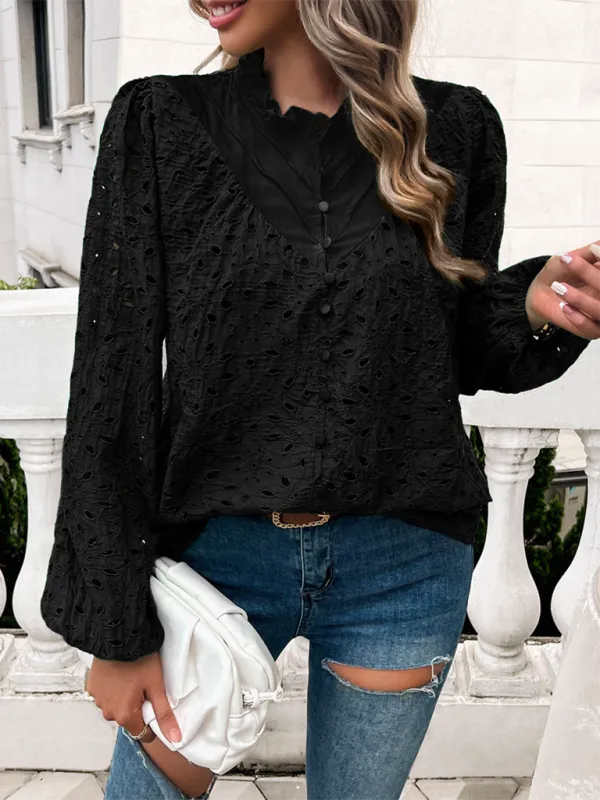 TEEK - Puff Sleeve Embroidered Button Top
