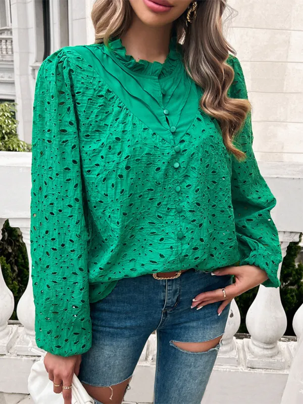 TEEK - Puff Sleeve Embroidered Button Top