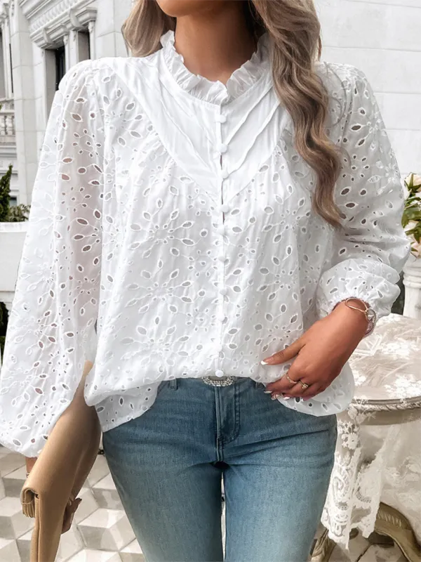 TEEK - Puff Sleeve Embroidered Button Top