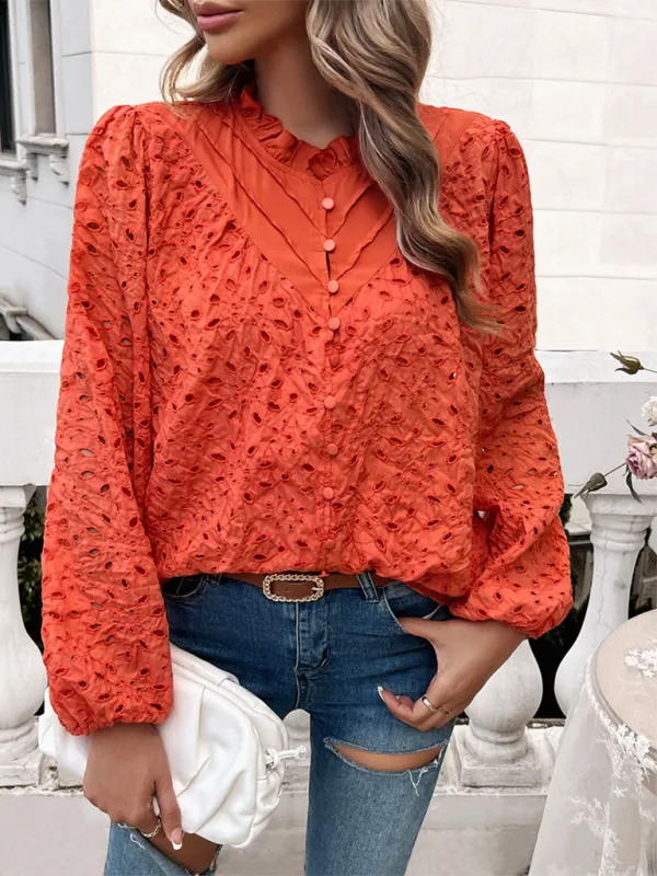 TEEK - Puff Sleeve Embroidered Button Top