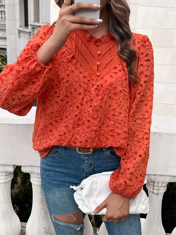 TEEK - Puff Sleeve Embroidered Button Top