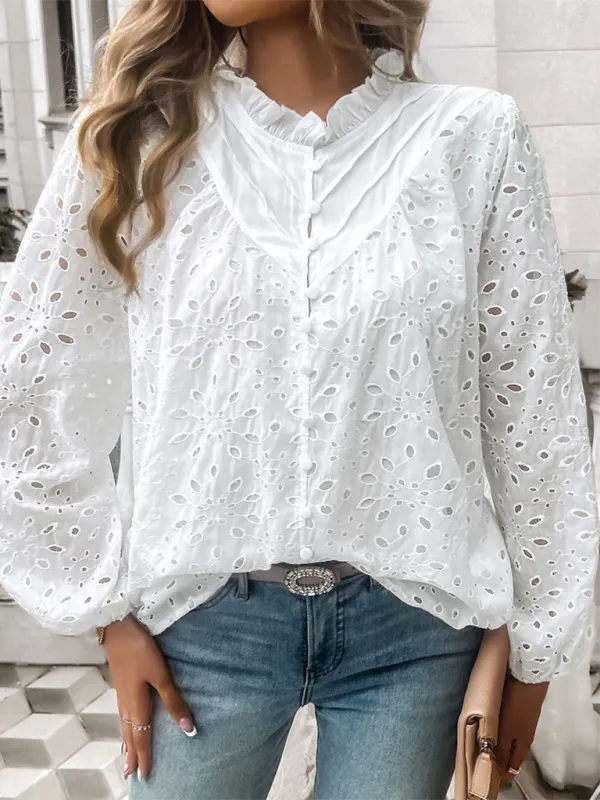 TEEK - Puff Sleeve Embroidered Button Top