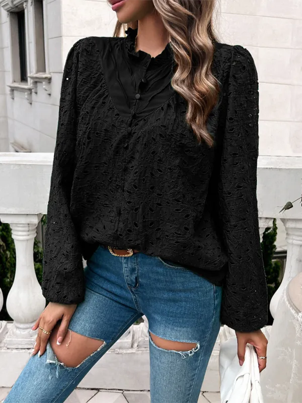 TEEK - Puff Sleeve Embroidered Button Top