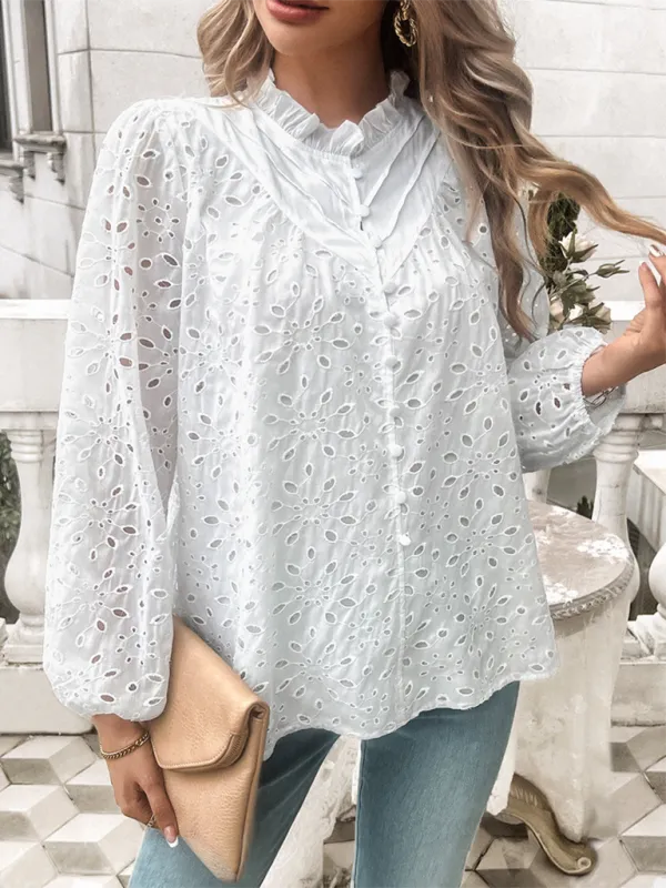 TEEK - Puff Sleeve Embroidered Button Top