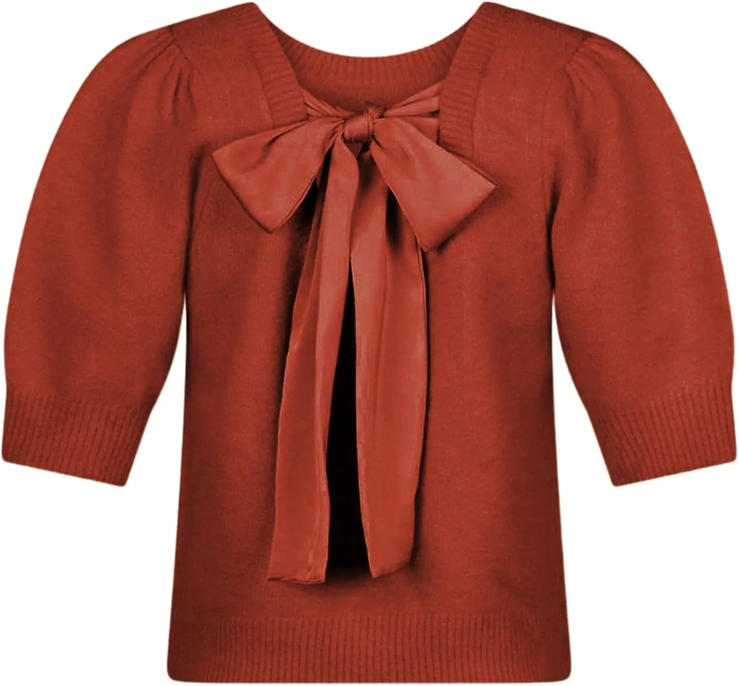 UAURORAO Sweater with Bows for Women Puff Short Sleeve Crewneck Pullover Top Tie Back Bowknot Knit T Shirt Blouses