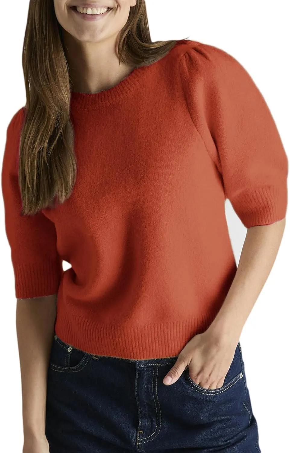 UAURORAO Sweater with Bows for Women Puff Short Sleeve Crewneck Pullover Top Tie Back Bowknot Knit T Shirt Blouses